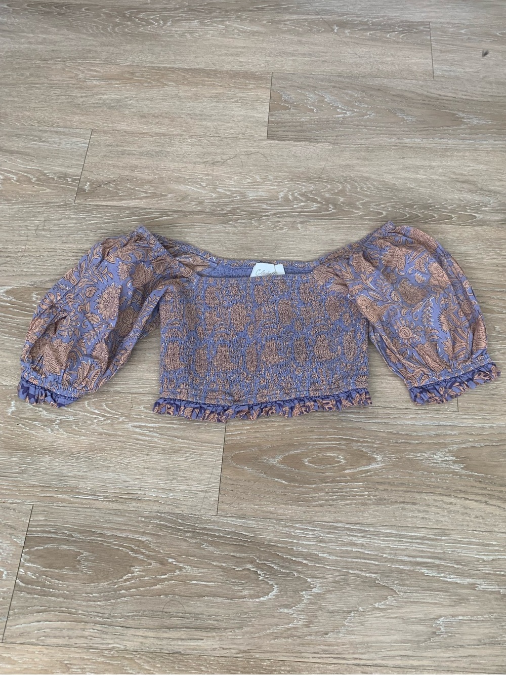 Cleobella Lavender and Bronze Smocked Off-Shoulder Crop Top Size XS